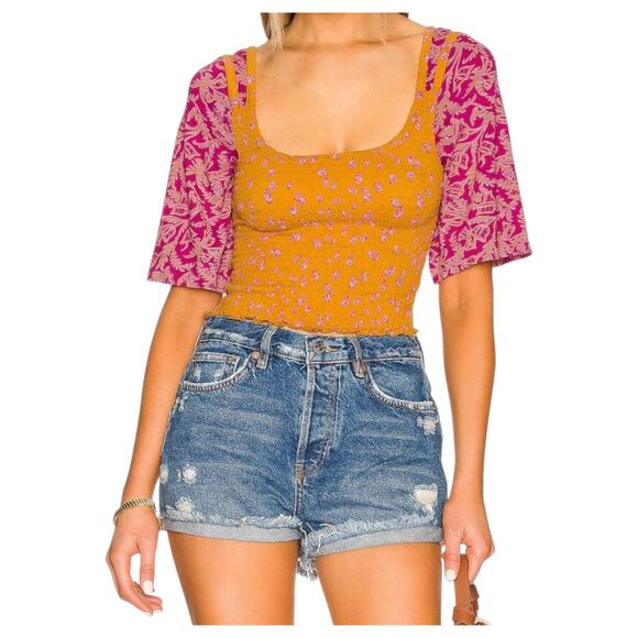 Free People Marigold Smocked Square Neck Golden Combo Size Large - Picture 8 of 8